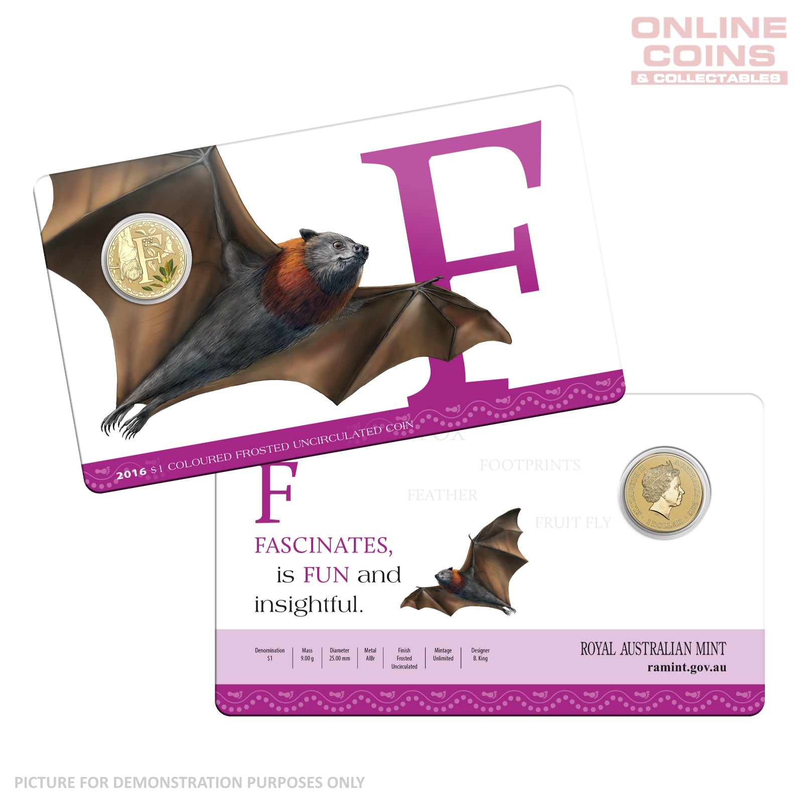 2016 $1 Coloured Alphabet Frosted Coin In Card - F for Flying Fox